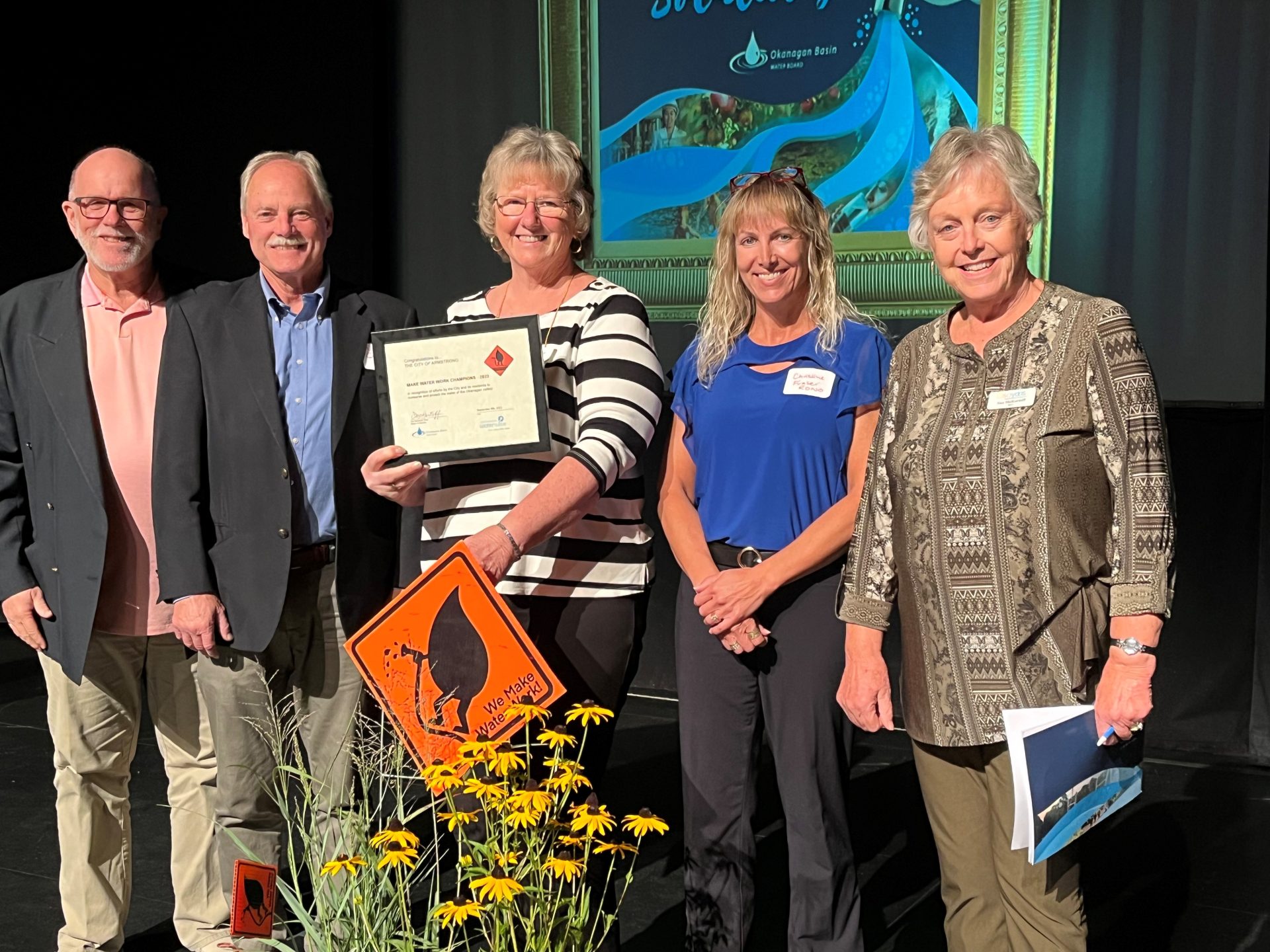 Okanagan mayors celebrate the City of Armstrong’s 6th win as Make Water Work Community Champions. (Left to right) Lake Country Mayor Blair Ireland, Vernon Mayor Victor Cumming, Armstrong Coun. Shirley Fowler, Spallumcheen Mayor Christine Fraser, and Osoyoos Mayor Sue McKortoff.